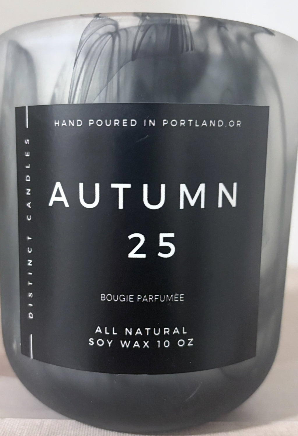 Autumn 25 in 10oz Marble Black jar with scents of Pumpkin & Cashmere